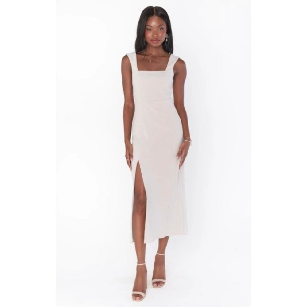 show me your mumu eden midi dress show me the ring taupe women size large